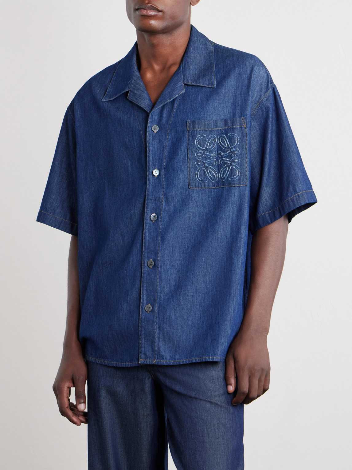 Camp-Collar Anagram-Detail Denim Shirt