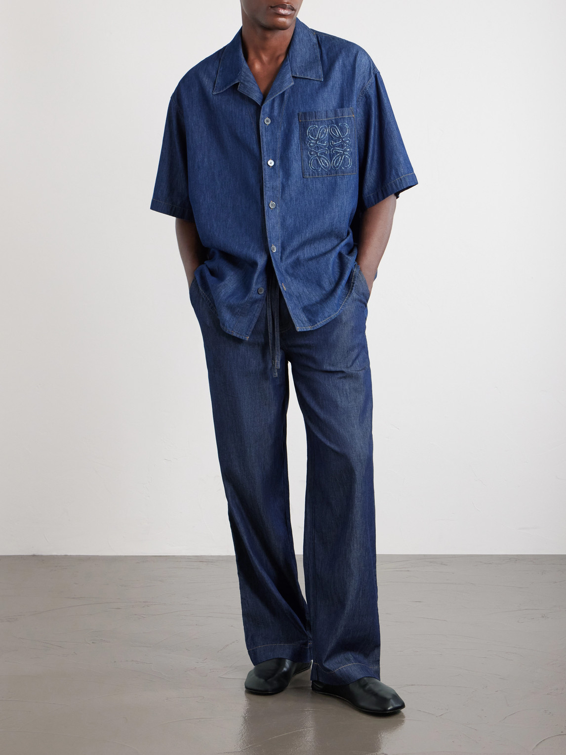 Camp-Collar Anagram-Detail Denim Shirt