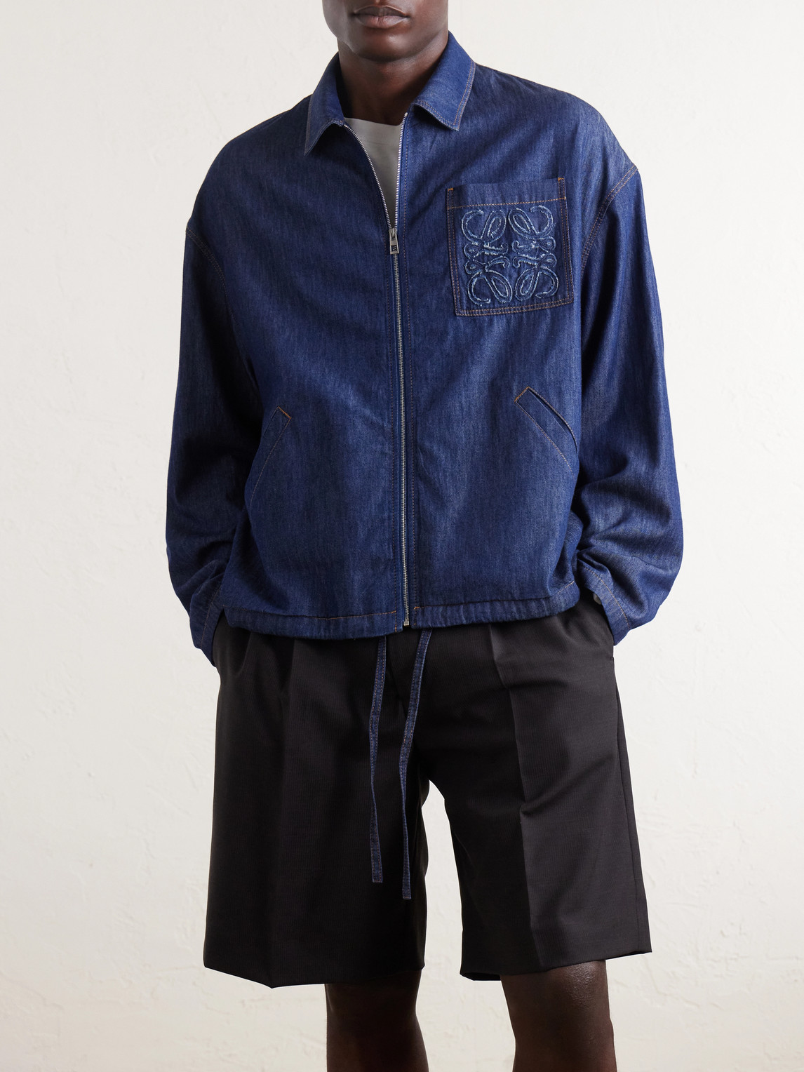 Loewe Logo-patch Drawstring Denim Jacket In Blue