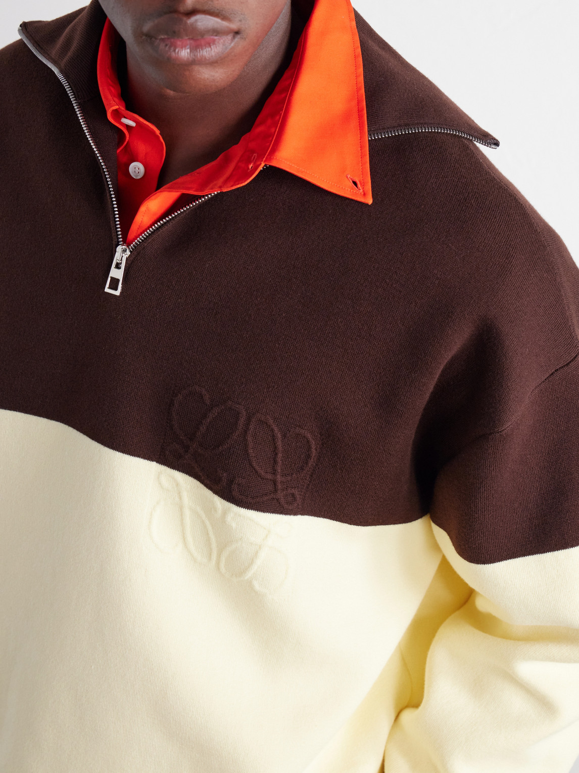 Anagram-Embossed Two-Tone Cotton-Blend Jersey Half-Zip Sweater