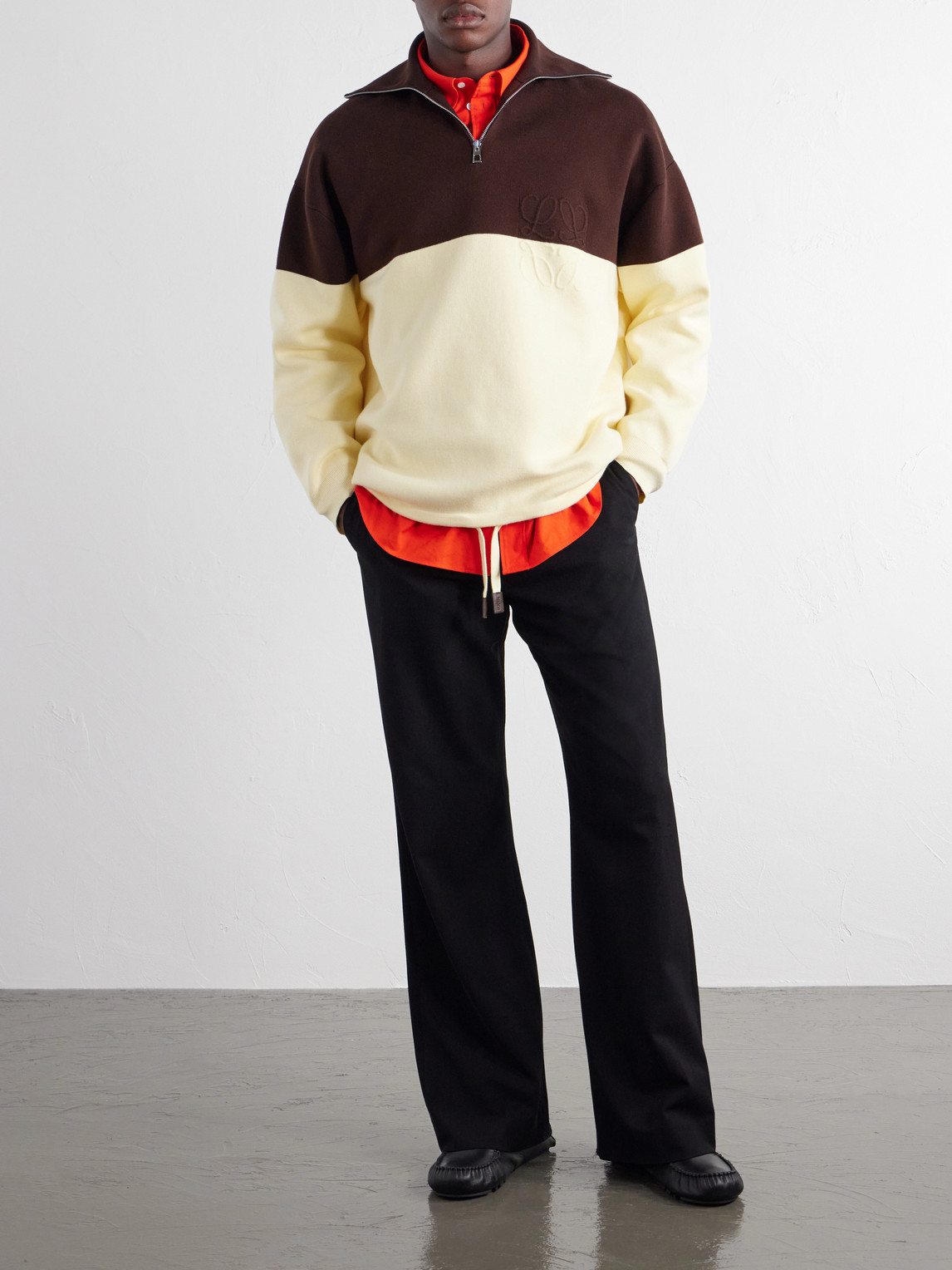 Anagram-Embossed Two-Tone Cotton-Blend Jersey Half-Zip Sweater
