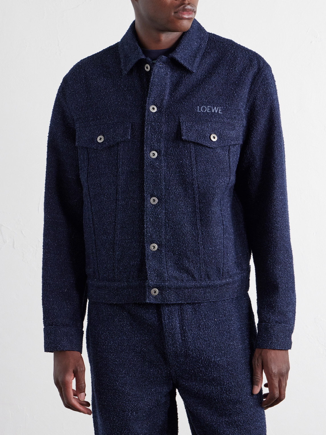 Logo-Embroidered Textured Denim Jacket