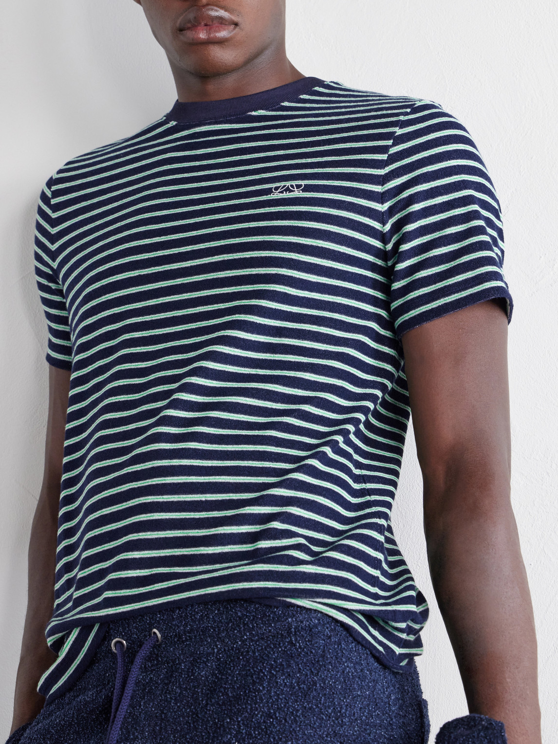 Logo-Embroidered Striped Cotton-Blend Terry T-Shirt
