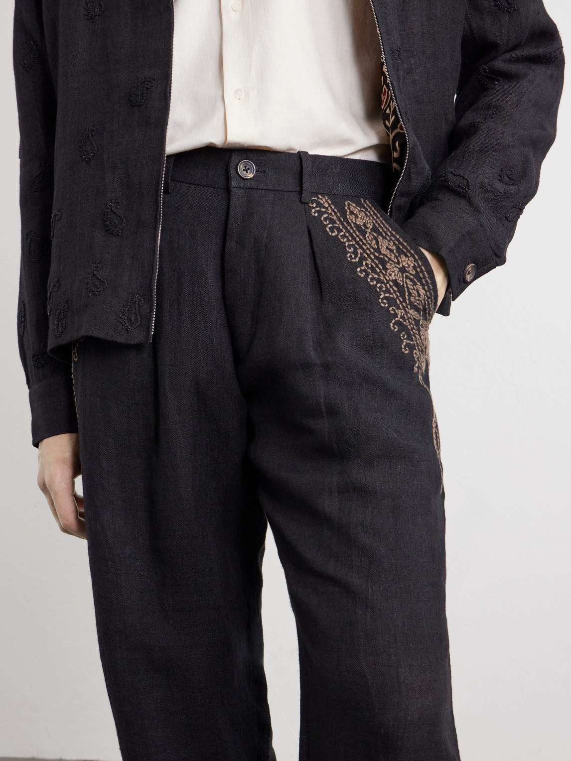 Straight-Leg Zardozi Embroidered Pleated Linen Trousers