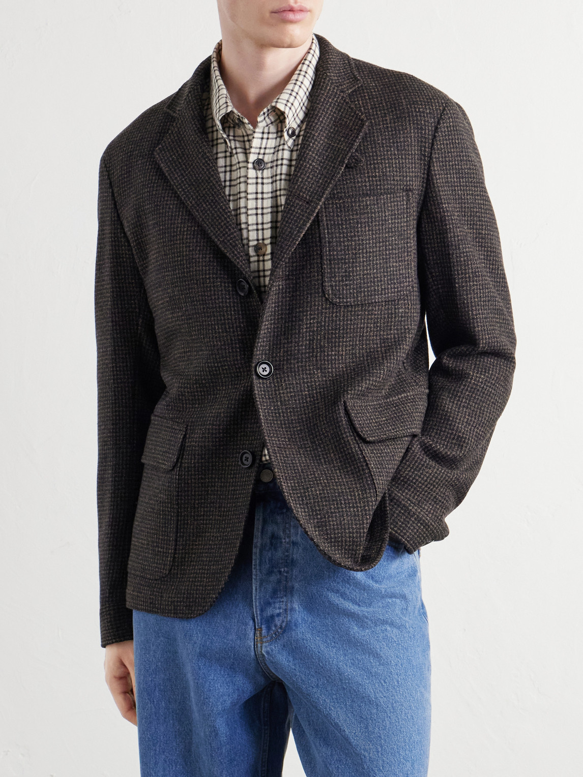 Oliver Spencer Solms Wool-blend Houndstooth Blazer In Brown