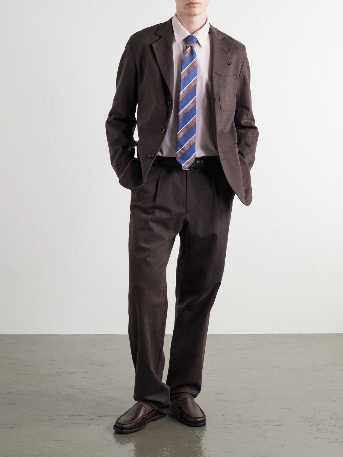 Morton Straight-Leg Pleated Herringbone Stretch-Cotton Suit Trousers