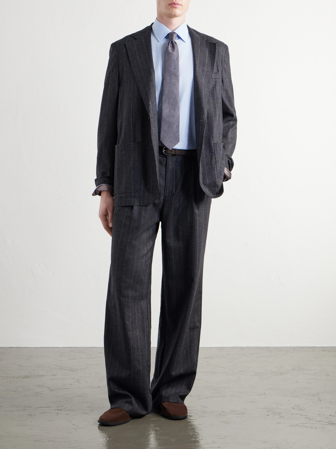Orsman Flared Pleated Striped Wool-Blend Suit Trousers