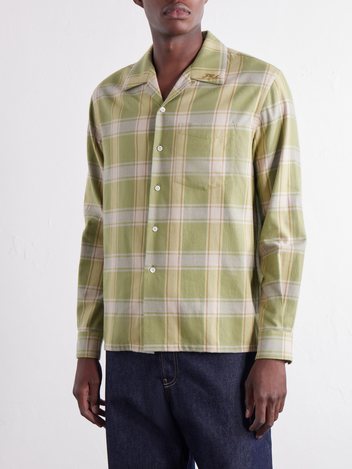 Reversible-Collar Logo-Embroidered Checked Cotton-Twill Shirt
