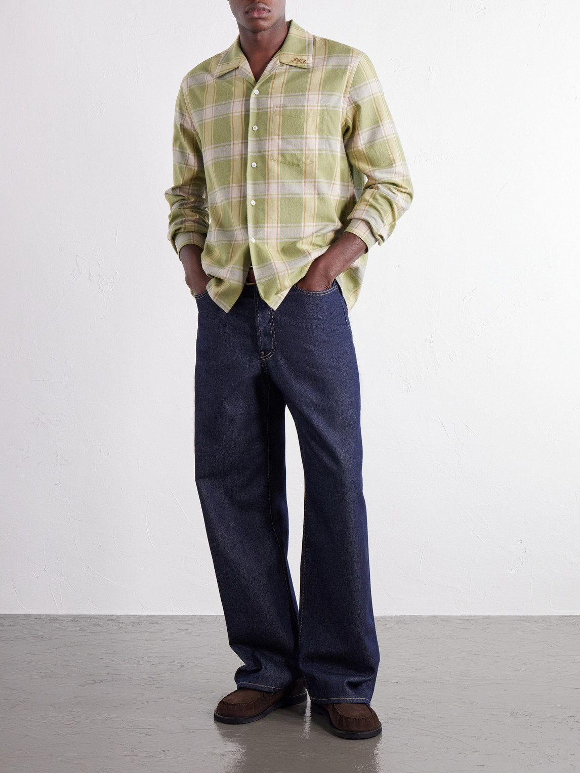 Reversible-Collar Logo-Embroidered Checked Cotton-Twill Shirt