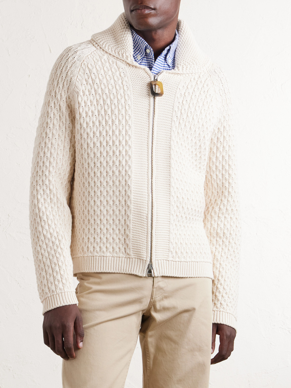 Honeycomb Cable-Knit Cotton-Blend Zip-Up Cardigan