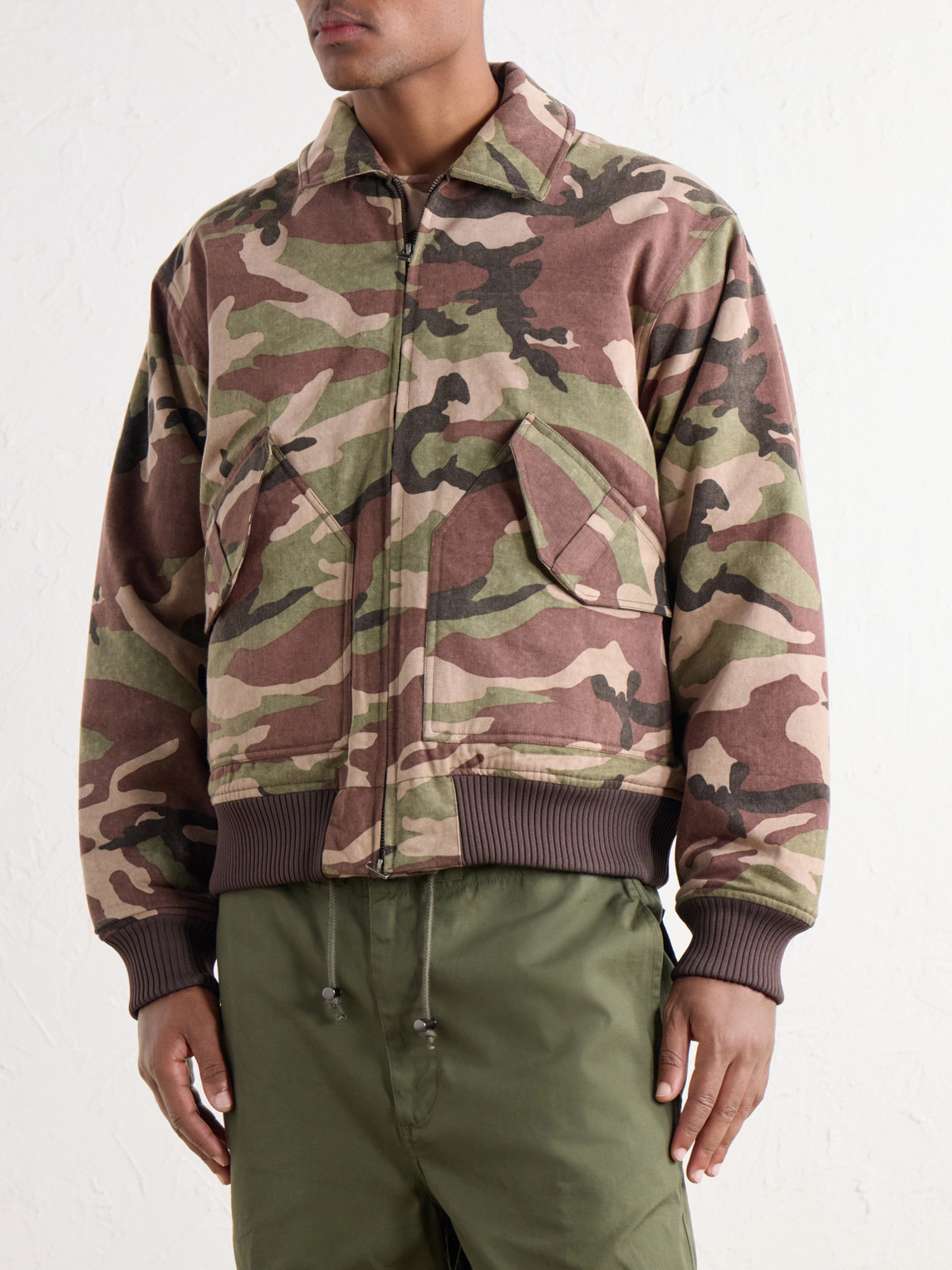 Cwu Printed Rib-Trimmed Cotton-Twill Bomber Jacket