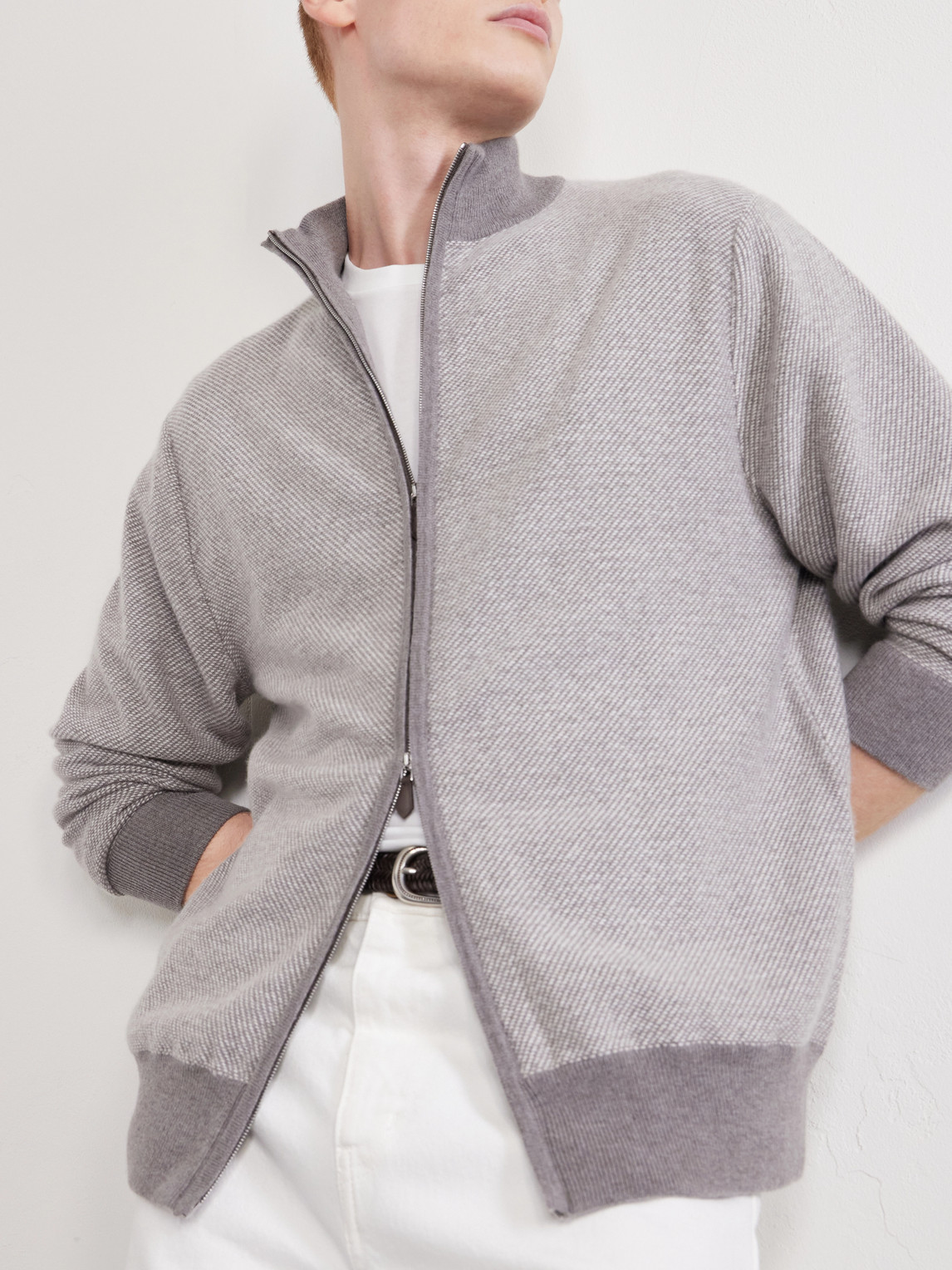 Birdseye Textured Organic Cashmere Zip-Up Cardigan