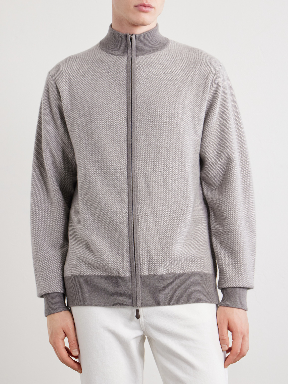 Birdseye Textured Organic Cashmere Zip-Up Cardigan