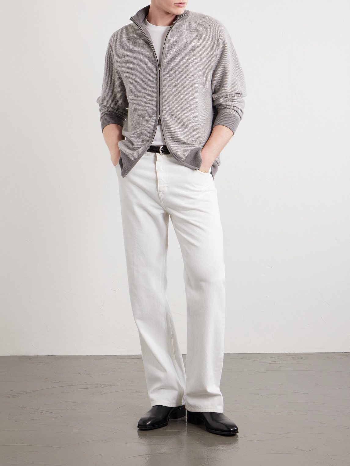 Birdseye Textured Organic Cashmere Zip-Up Cardigan