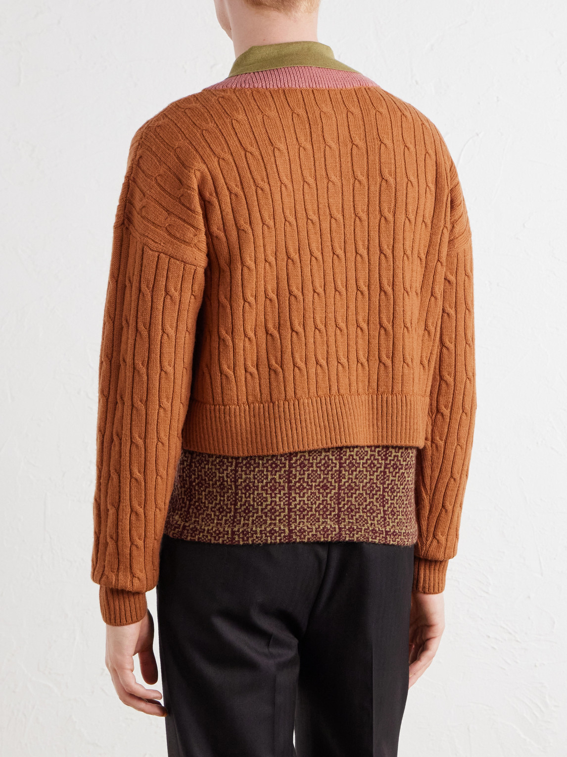 Jacquard-Trimmed Cable-Knit Wool And Cotton-Blend Sweater