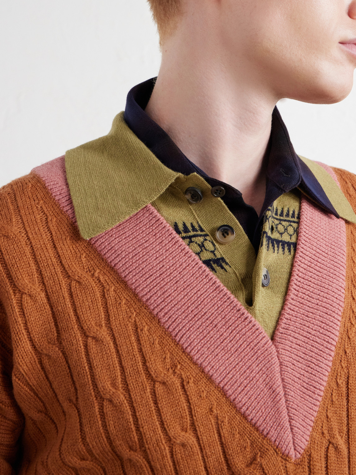 Jacquard-Trimmed Cable-Knit Wool And Cotton-Blend Sweater