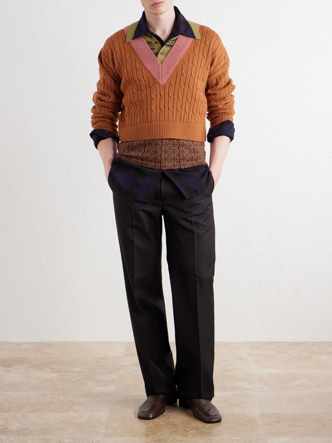Jacquard-Trimmed Cable-Knit Wool And Cotton-Blend Sweater