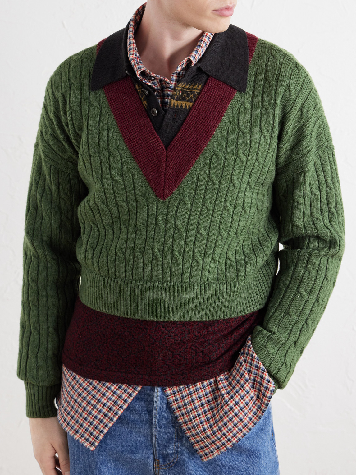 Jacquard-Trimmed Cable-Knit Wool And Cotton-Blend Sweater