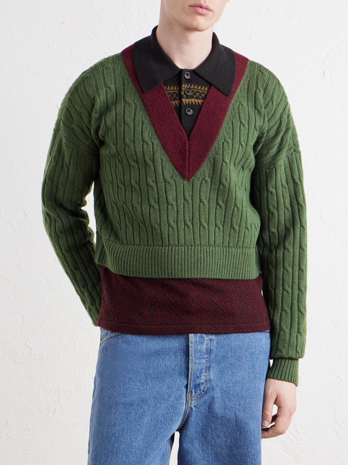 Jacquard-Trimmed Cable-Knit Wool And Cotton-Blend Sweater
