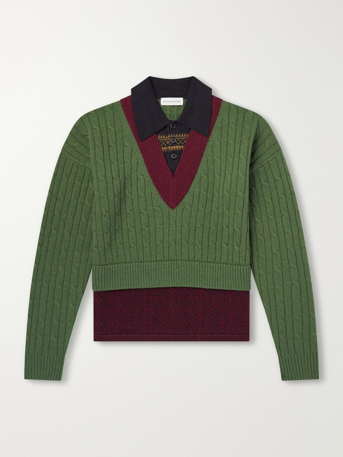 Jacquard-Trimmed Cable-Knit Wool And Cotton-Blend Sweater