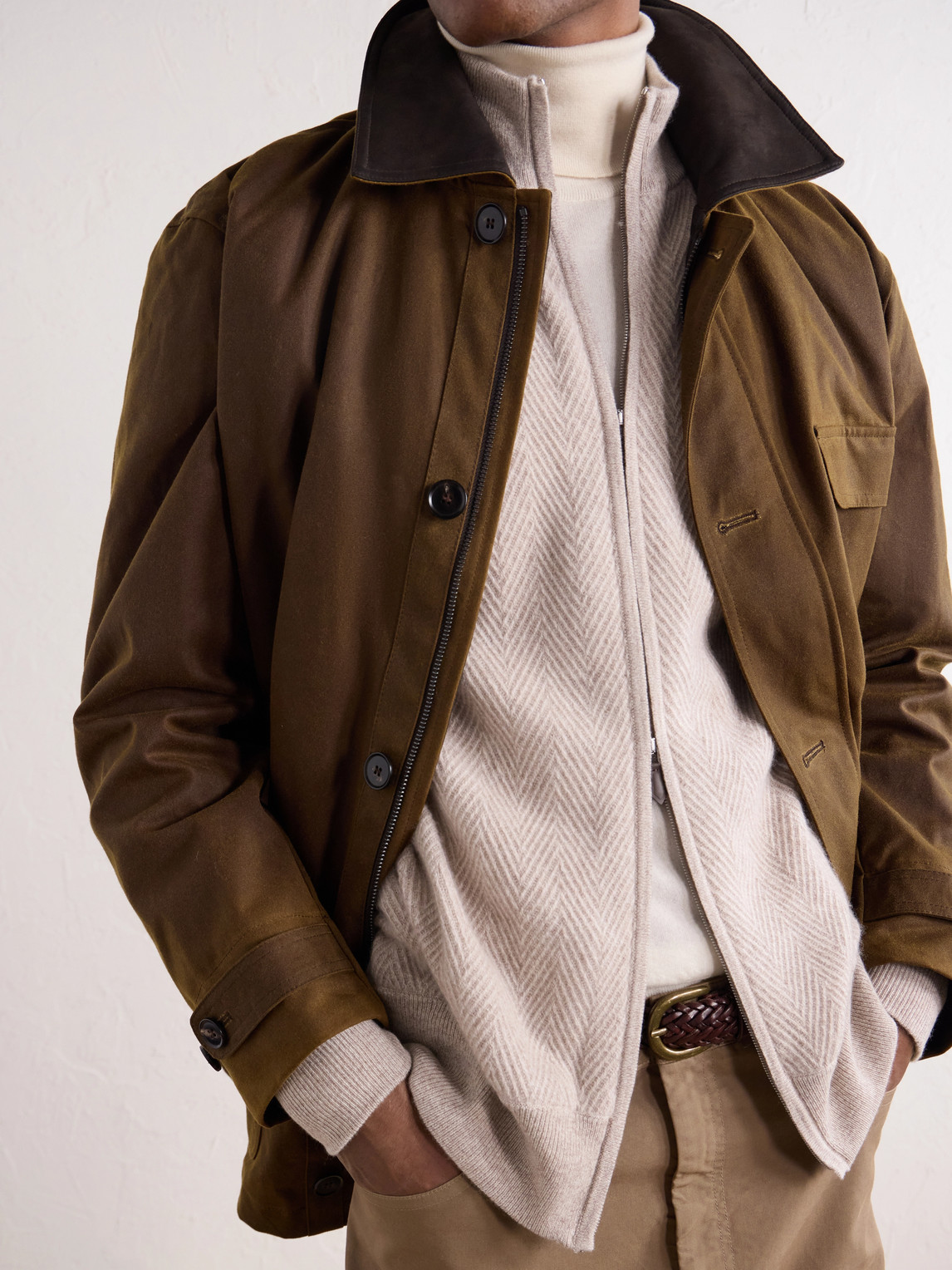 Knightsbridge Herringbone Cashmere Zip-Up Cardigan