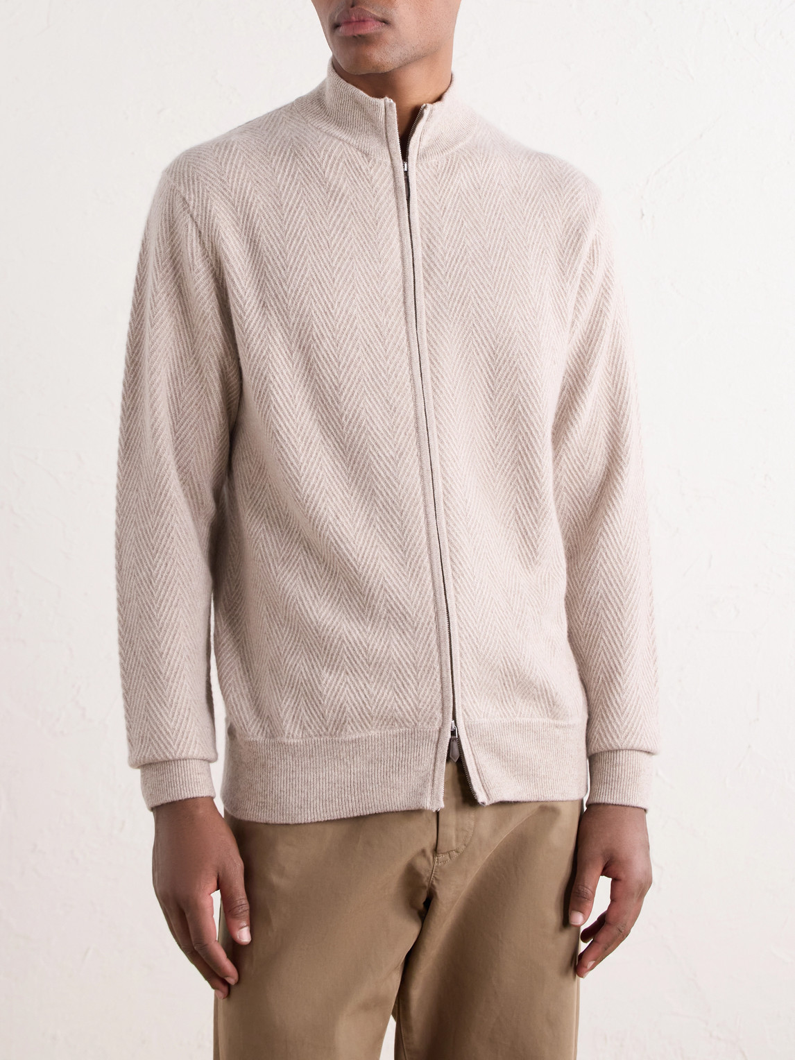 Knightsbridge Herringbone Cashmere Zip-Up Cardigan