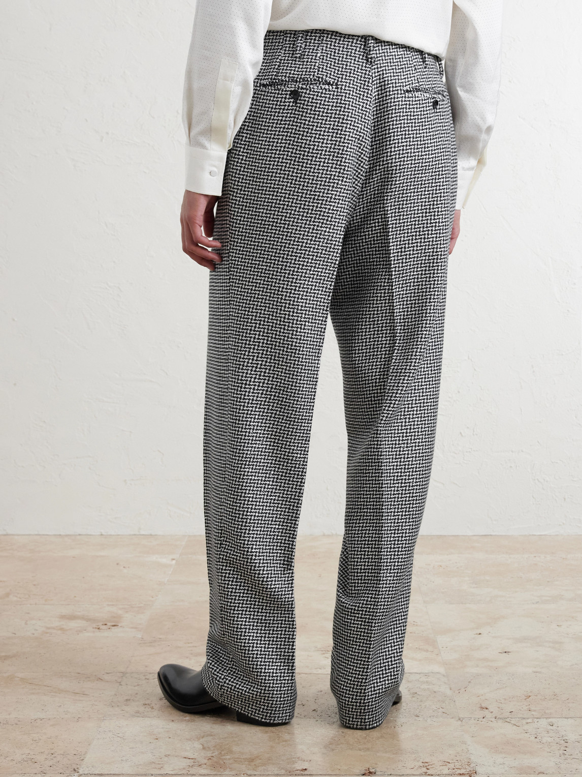 Straight-Leg Sequin-Detailed Houndstooth Wool-Blend Suit Trousers