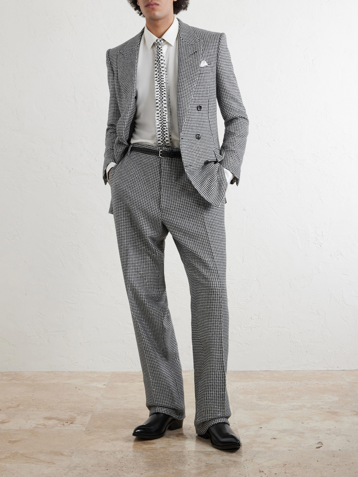Straight-Leg Sequin-Detailed Houndstooth Wool-Blend Suit Trousers