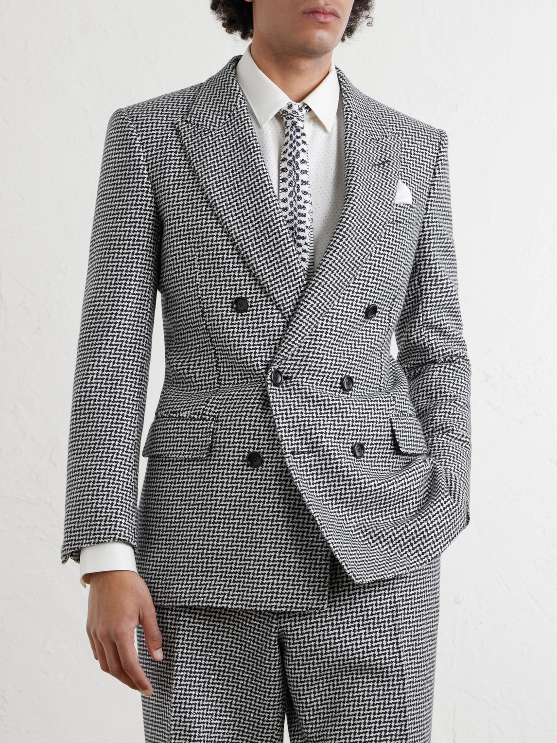 Sequin-Detailed Houndstooth Wool-Blend Suit Jacket