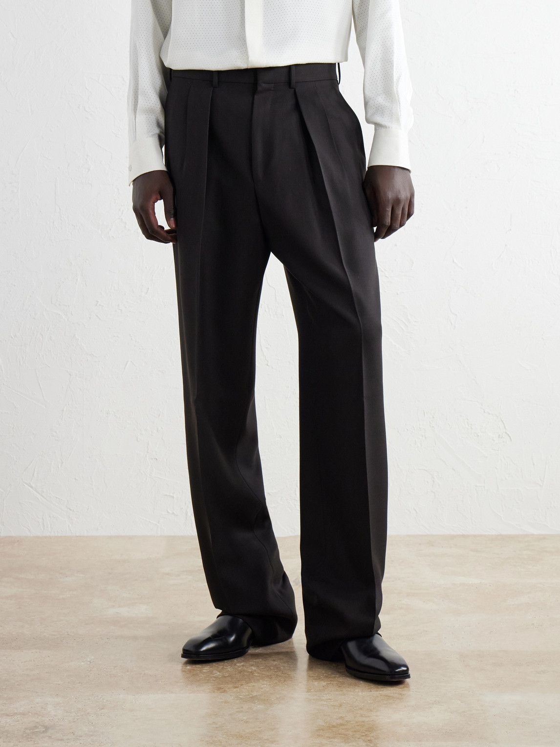 Straight-Leg Pleated Woven Wool Tuxedo Trousers
