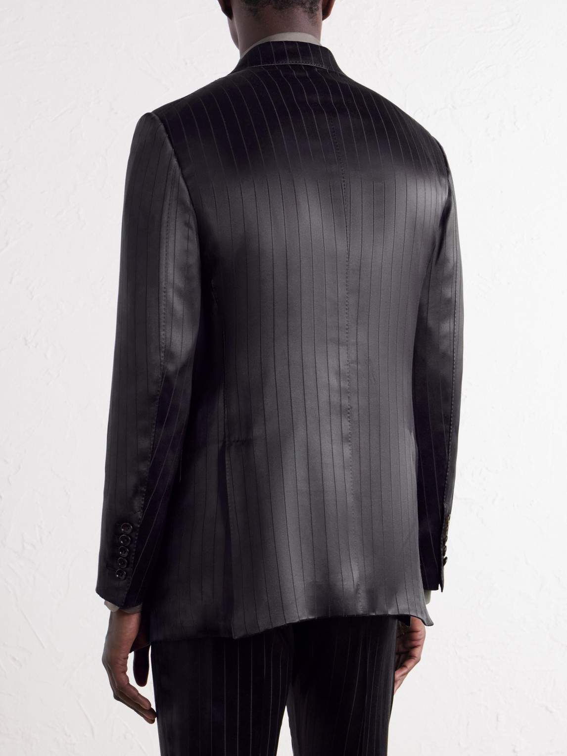 Double-Breasted Pinstriped Satin Suit Jacket