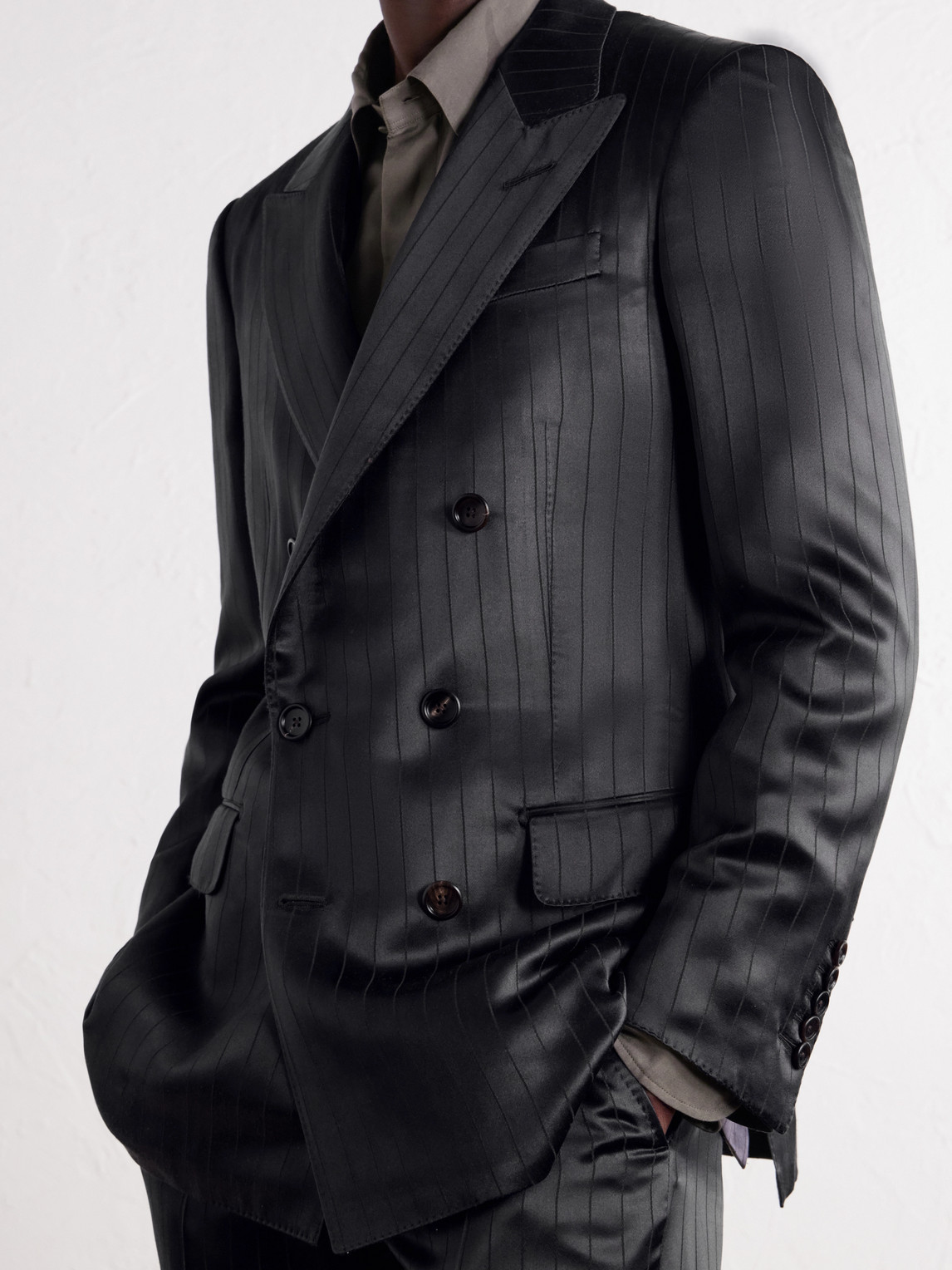 Double-Breasted Pinstriped Satin Suit Jacket