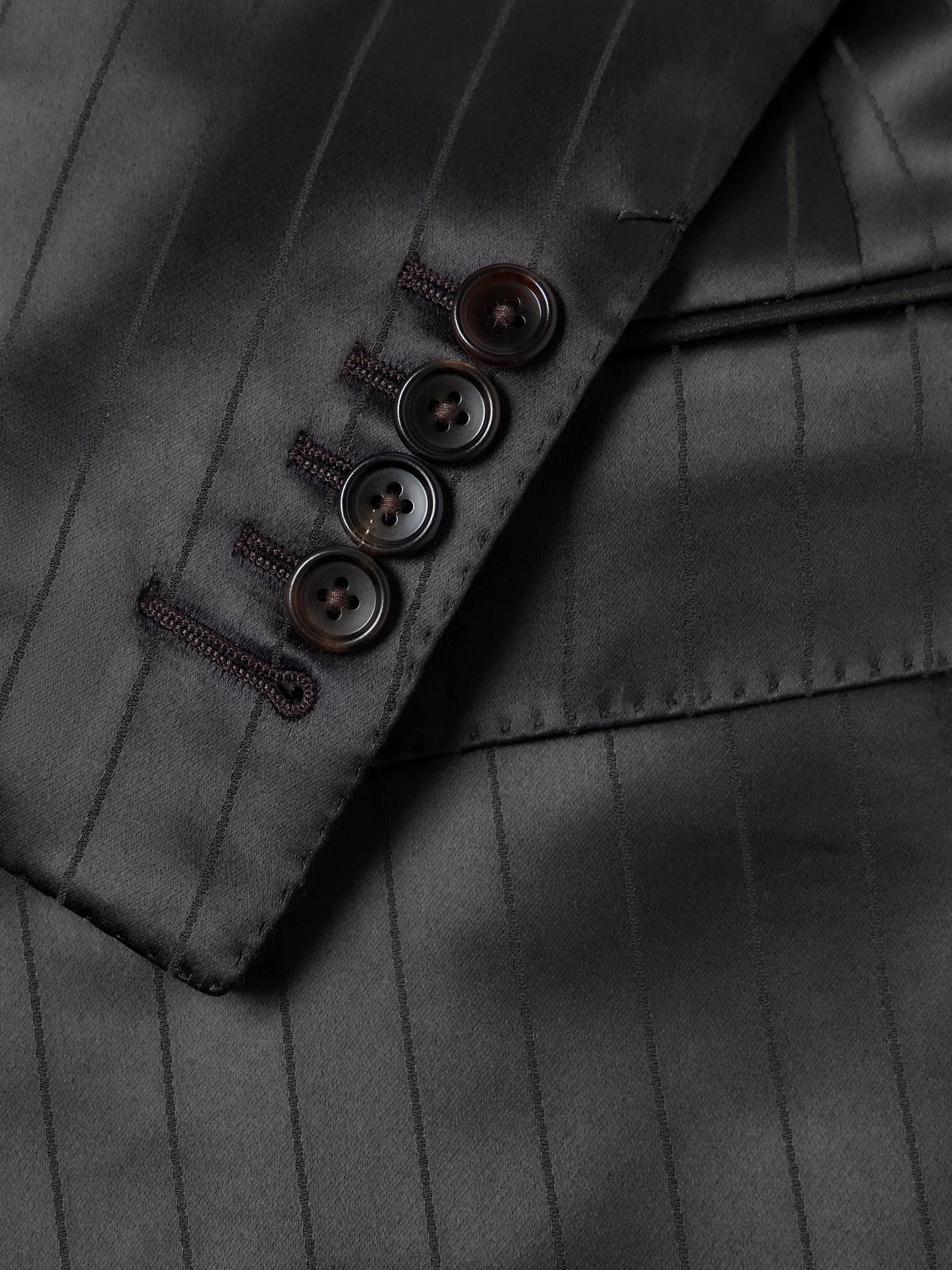 Double-Breasted Pinstriped Satin Suit Jacket