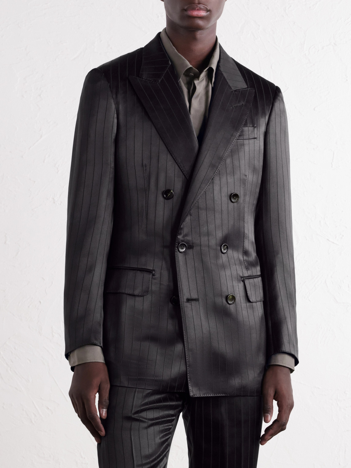 Double-Breasted Pinstriped Satin Suit Jacket