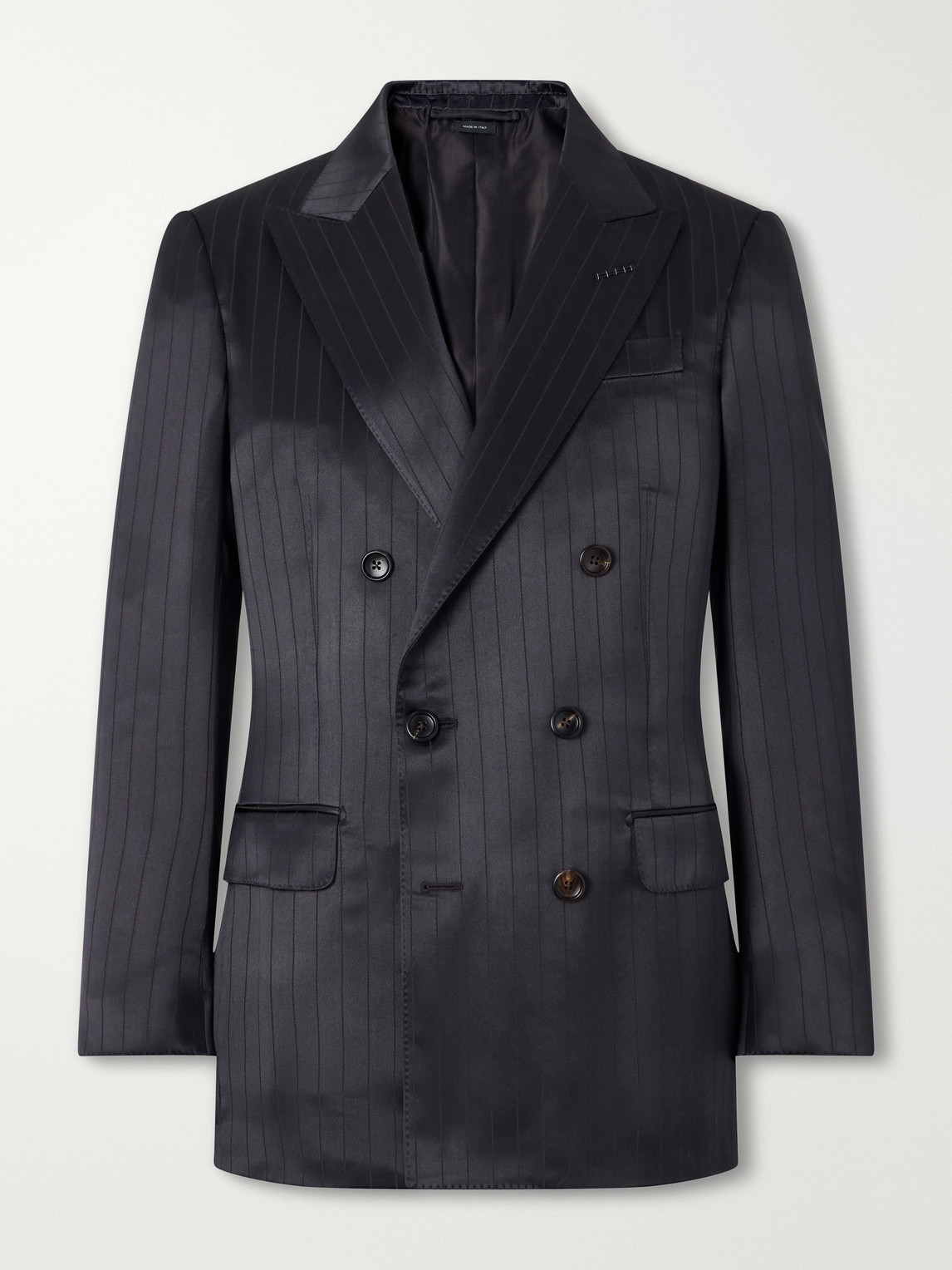 Double-Breasted Pinstriped Satin Suit Jacket