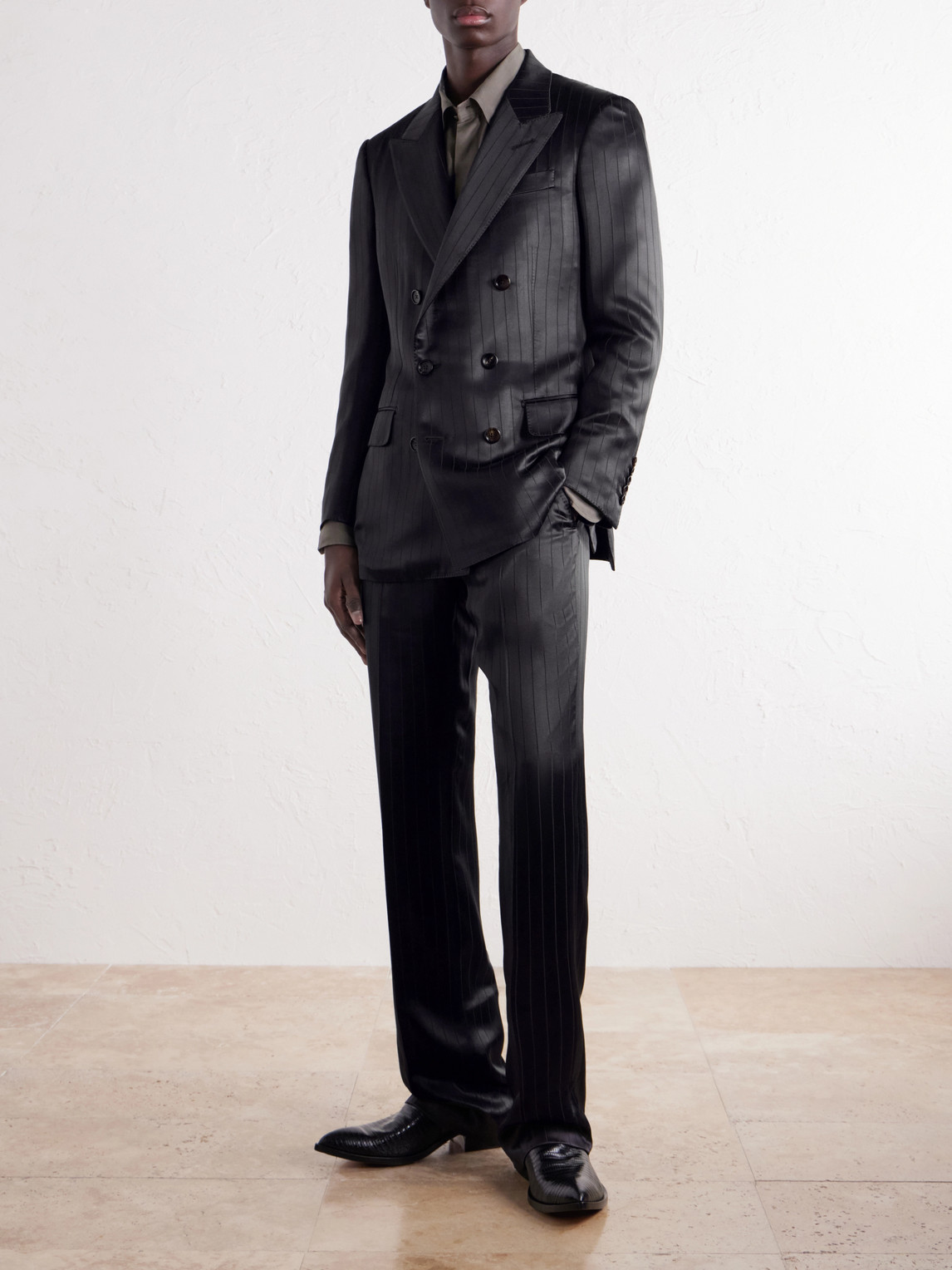 Double-Breasted Pinstriped Satin Suit Jacket