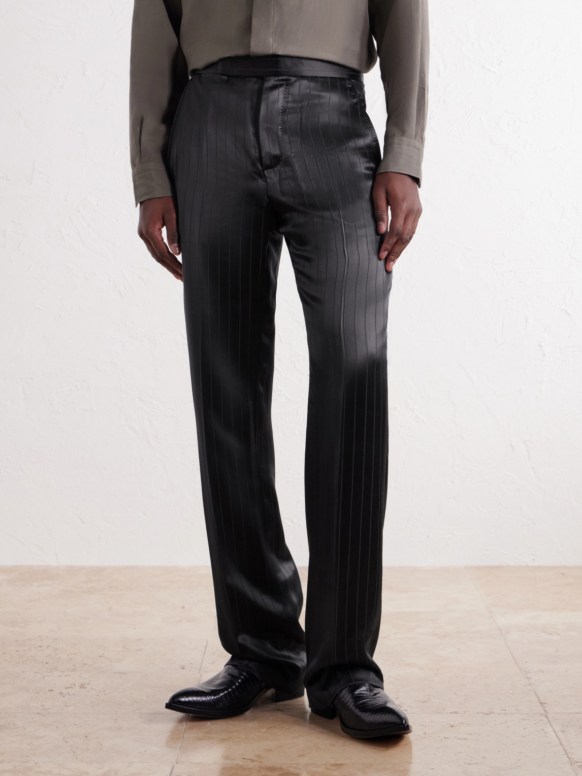 Straight-Leg Pinstriped Satin Suit Trousers