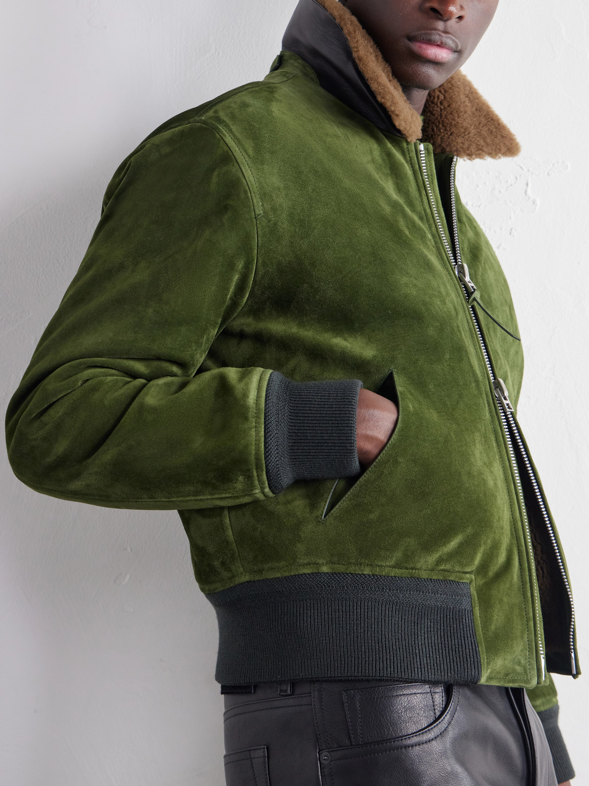 Shearling-Trimmed Suede Bomber Jacket