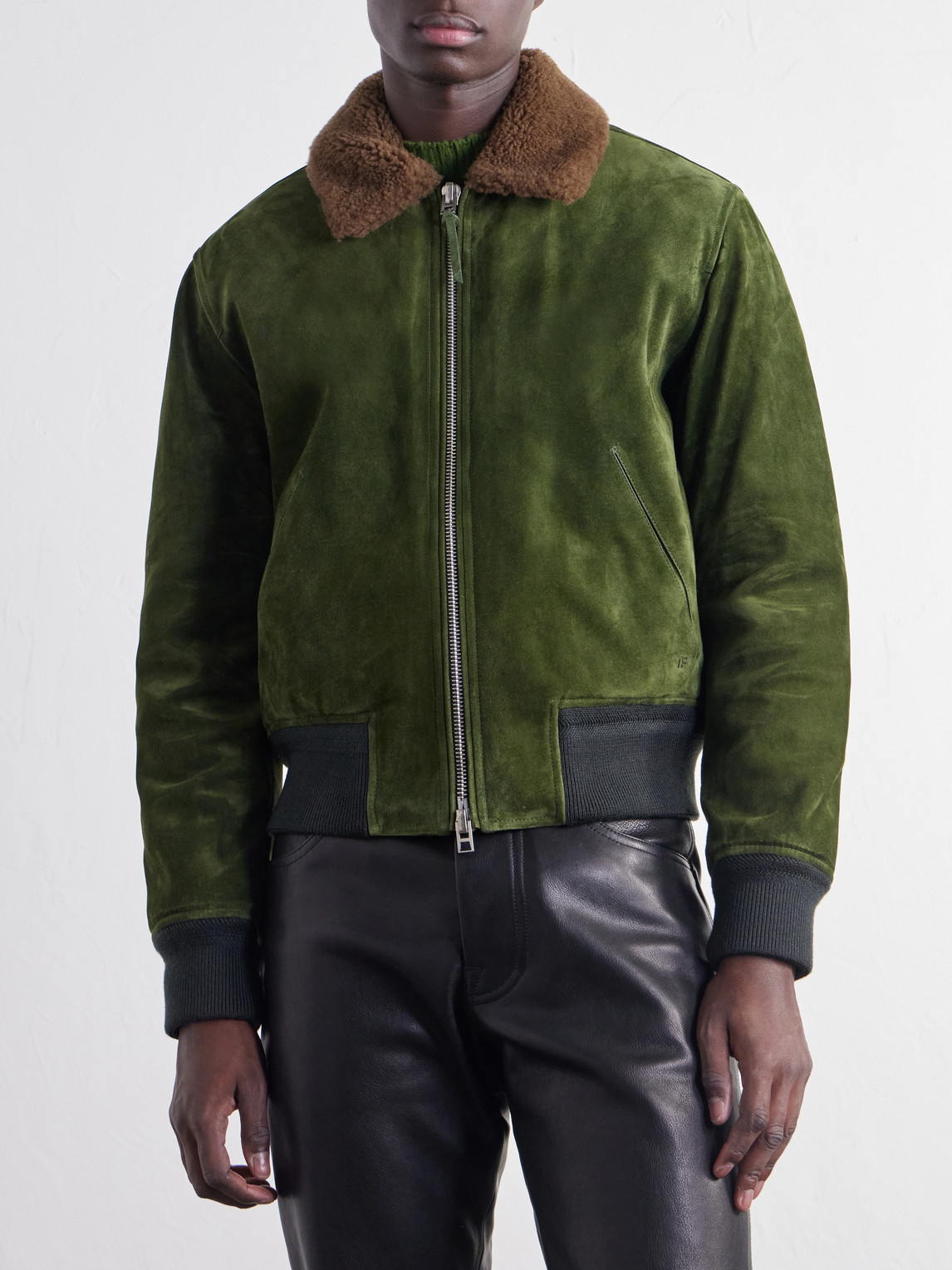 Shearling-Trimmed Suede Bomber Jacket
