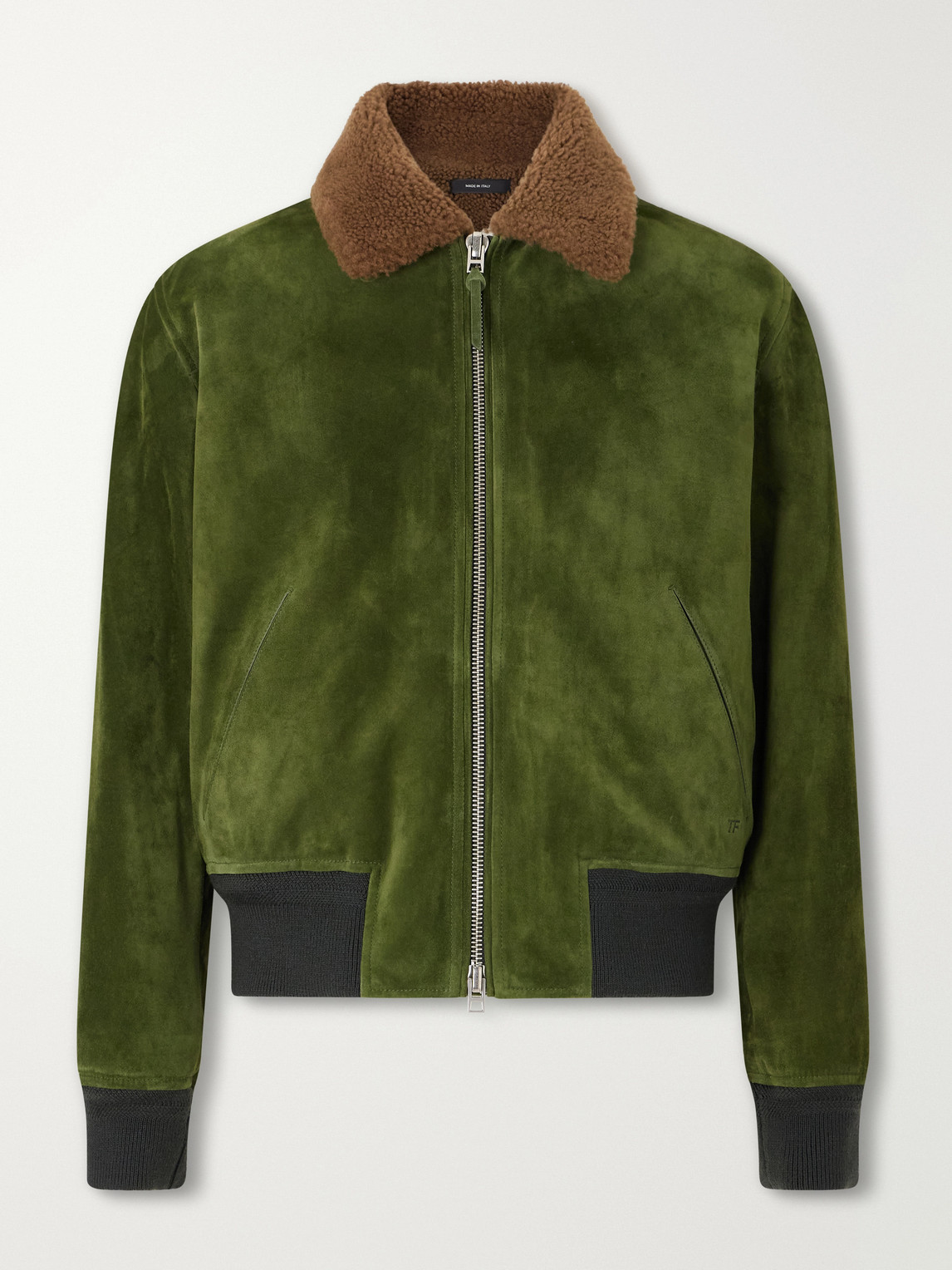 Shearling-Trimmed Suede Bomber Jacket