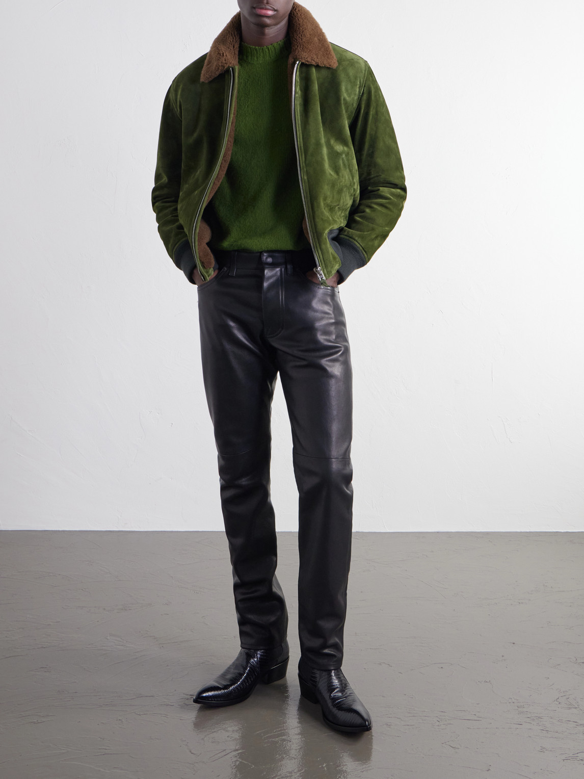 Shearling-Trimmed Suede Bomber Jacket