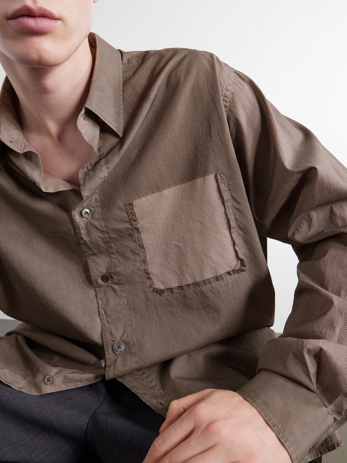 Camp-Collar Distressed Checked Cotton-Poplin Shirt