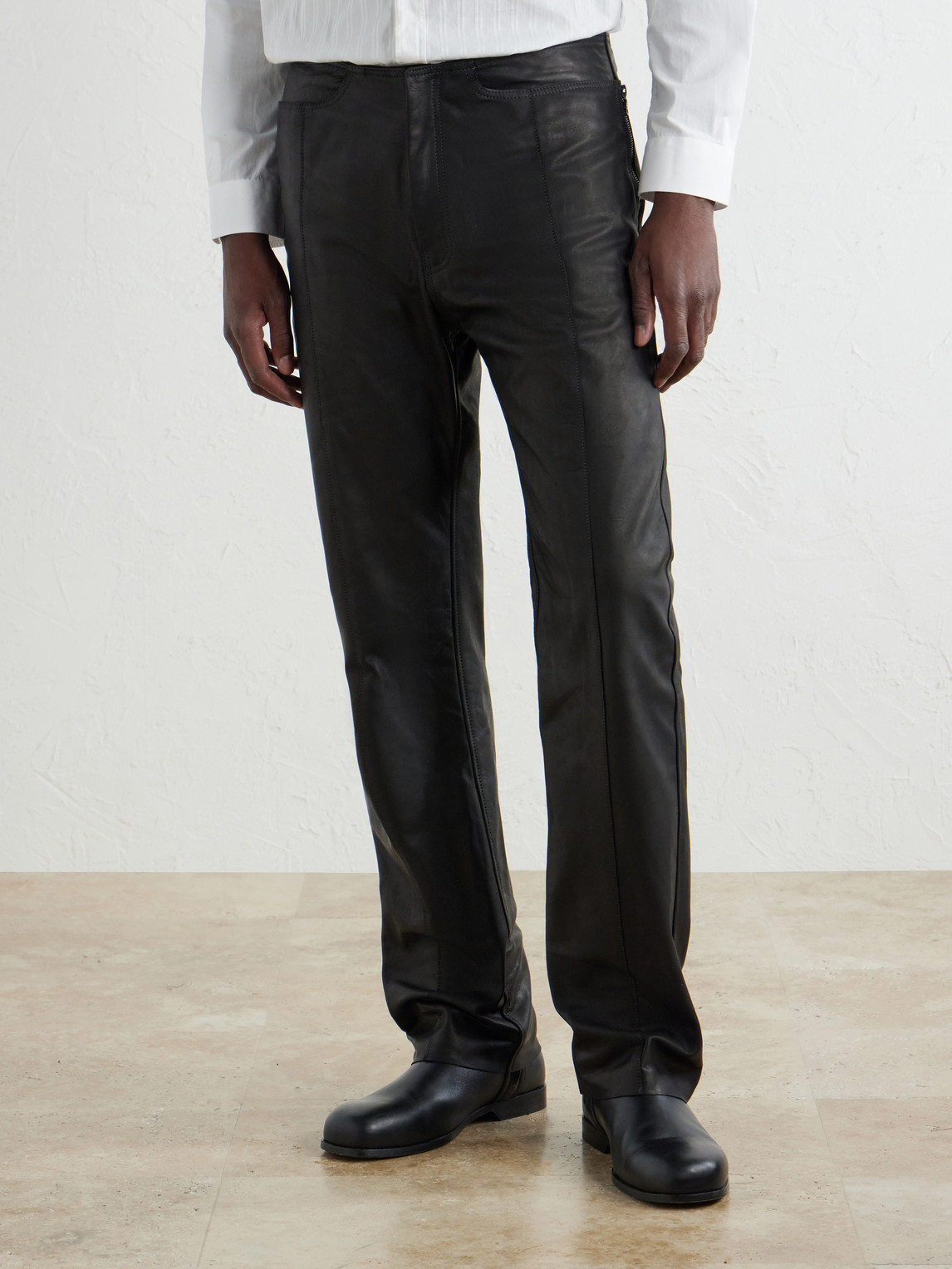 Straight-Leg Panelled Leather Trousers Slim-Fit