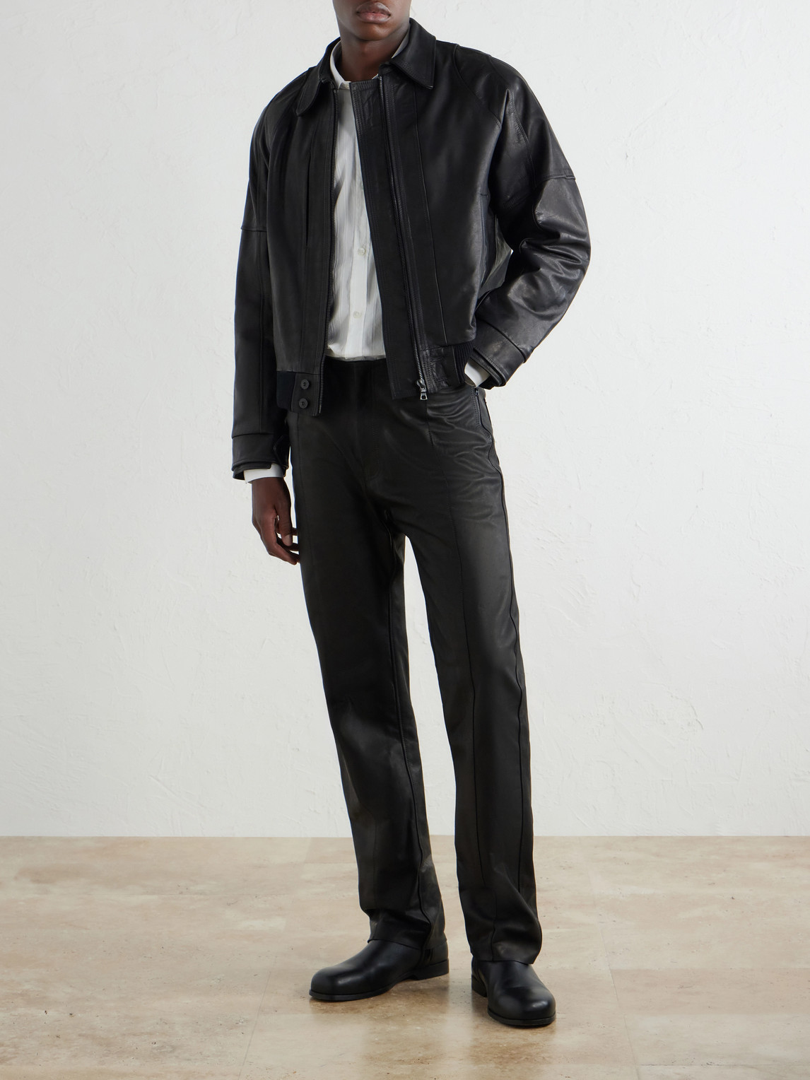 Straight-Leg Panelled Leather Trousers Slim-Fit