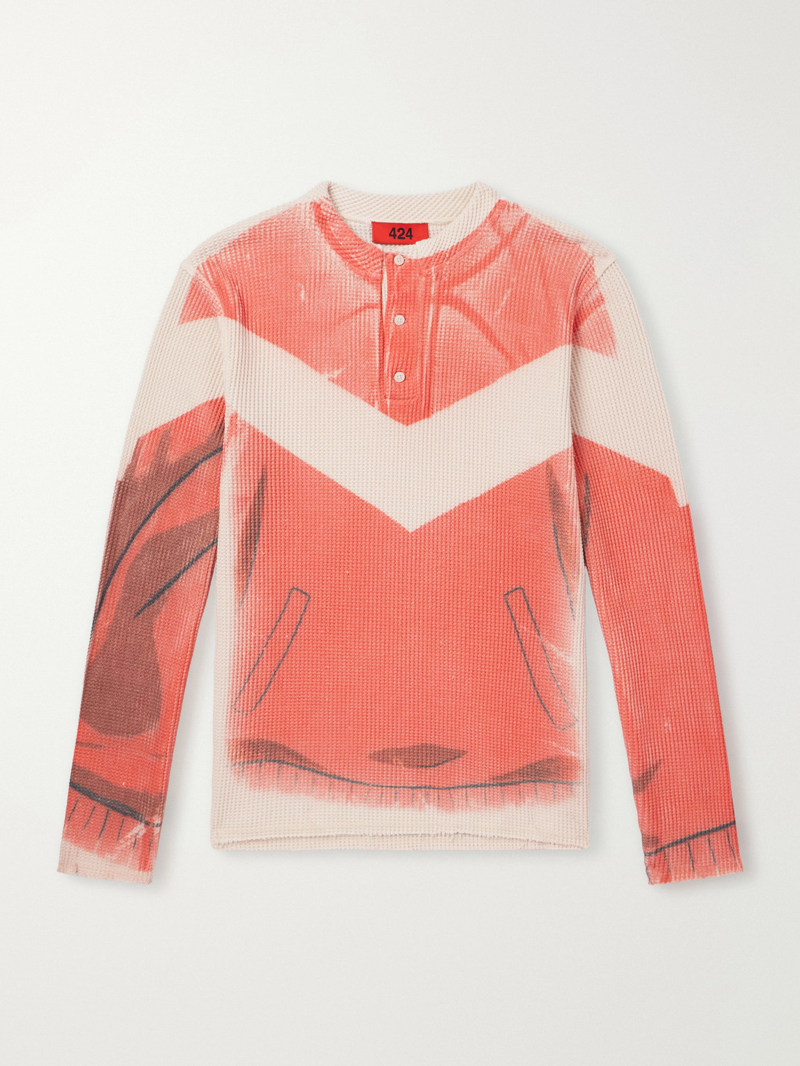 424 Azuki Shao Homage Printed Waffle-knit Henley T-shirt In Red