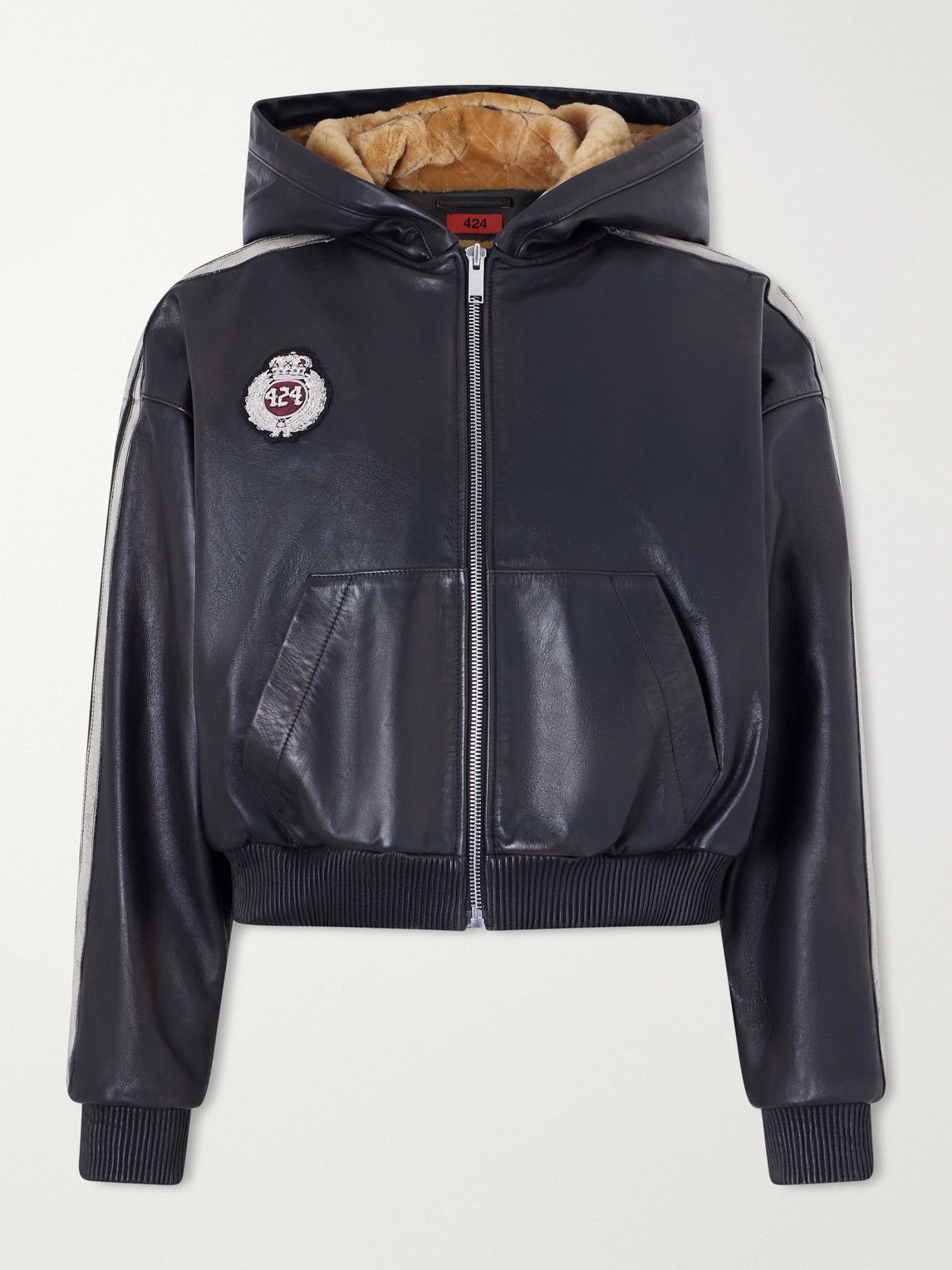 424 Logo-appliquéd Shearling-lined Striped Leather Hooded Jacket In Black
