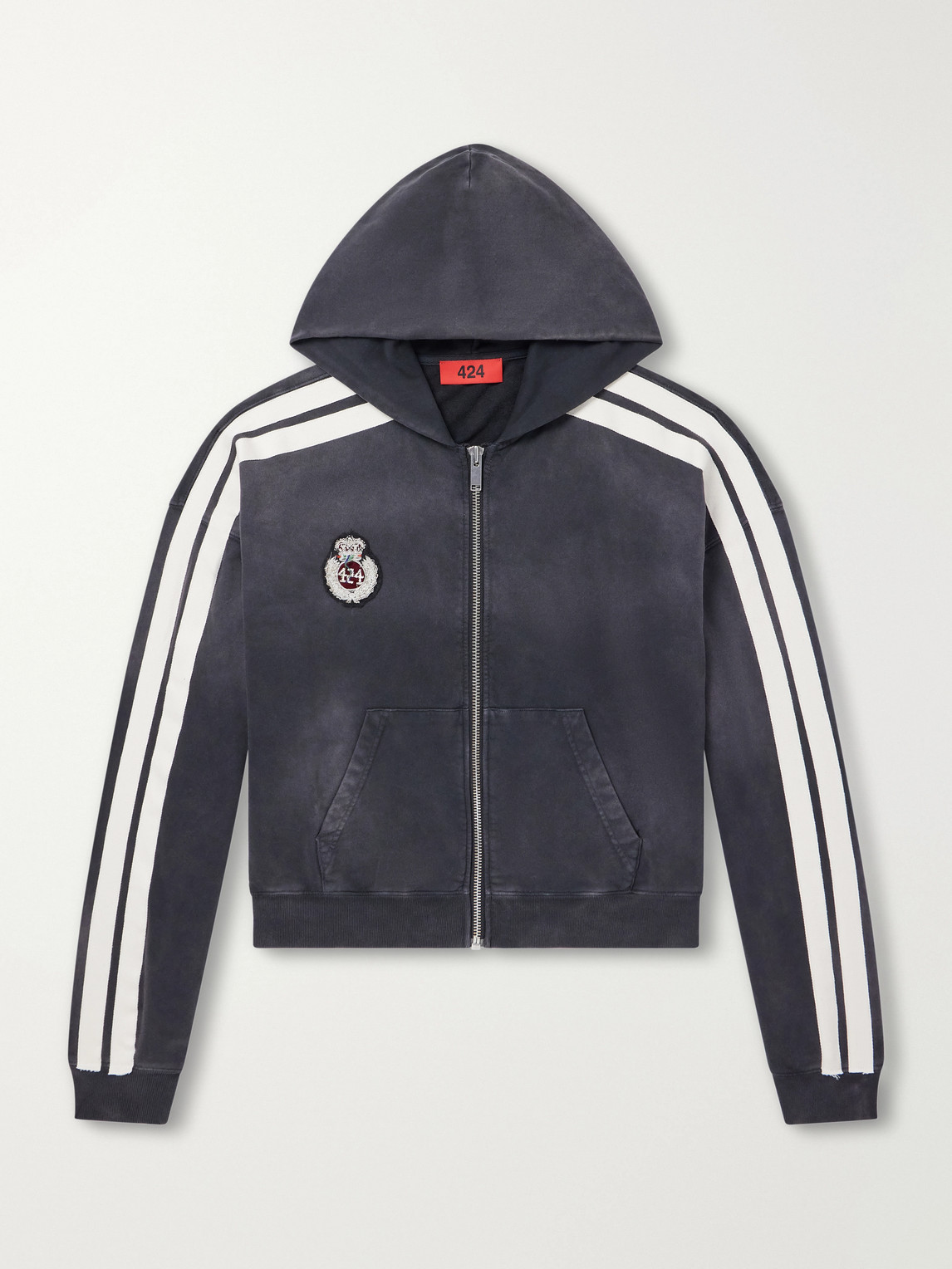 424 Logo-embroidered Distressed Cotton-jersey Zip-up Hoodie In Black