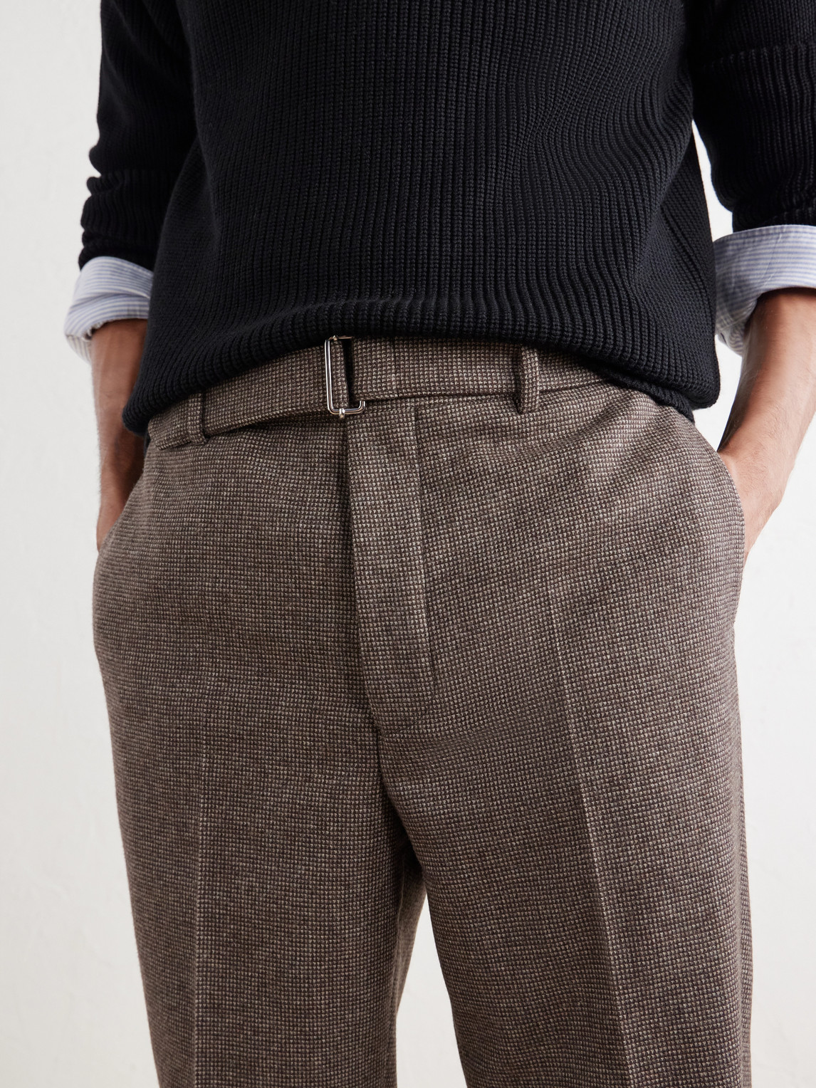 Officine Générale - Hoche Tapered Belted Houndstooth Virgin Wool Trousers