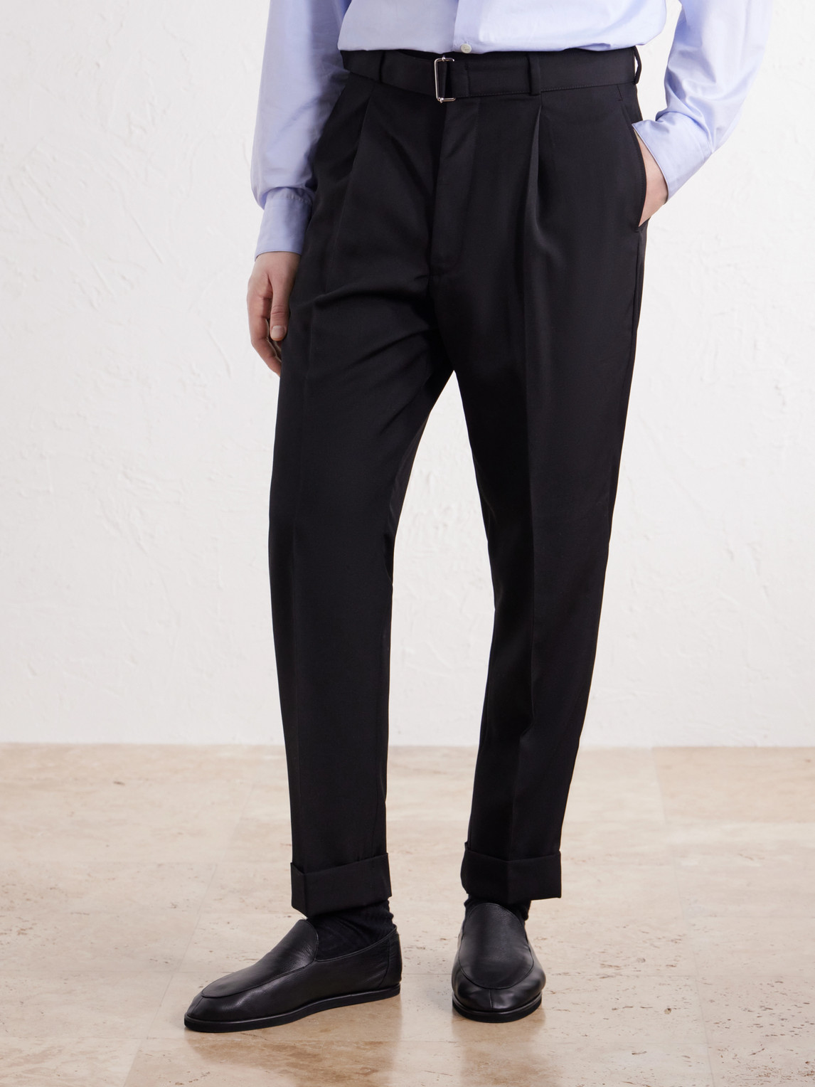 Officine Générale - Hugo Tapered Pleated Belted Virgin Wool-Hopsack Trousers