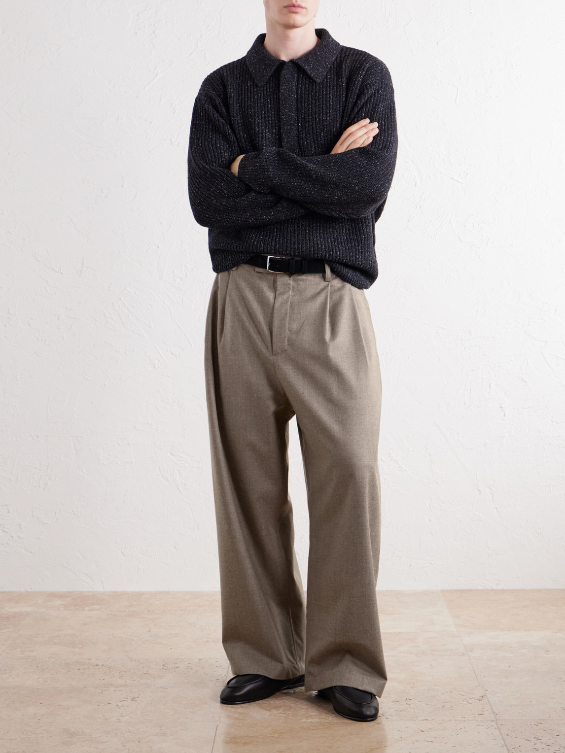 Yesa Wide-Leg Pleated Mélange Virgin Wool-Twill Trousers
